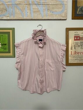 Viral Upcycled Ruffle Button Front Blouse - Pink Stripe
